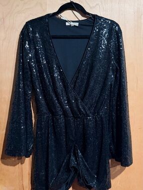 Chelsea & Violet Black Sequined Long-Sleeve Romper